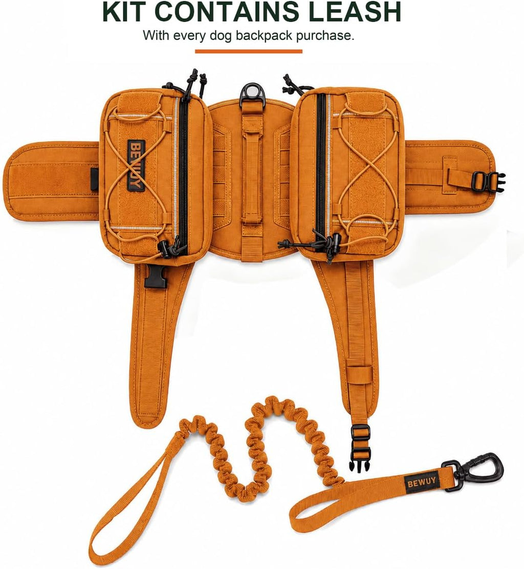 Tactical Dog Backpack for Medium Large Dogs, Reflective Pack Harness with Storage, Poop Bag Pocket, Includes Free Anti-Pull Leash (Orange, M)