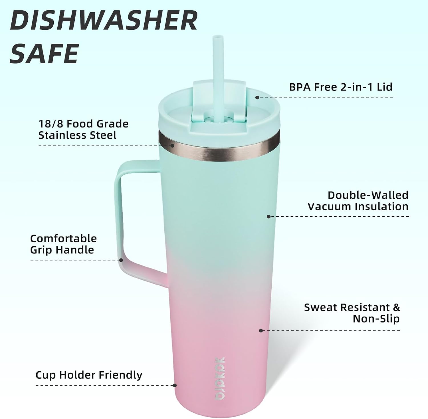BJPKPK 30oz Insulated Tumbler with Handle, Lid & Straw, Stainless Steel