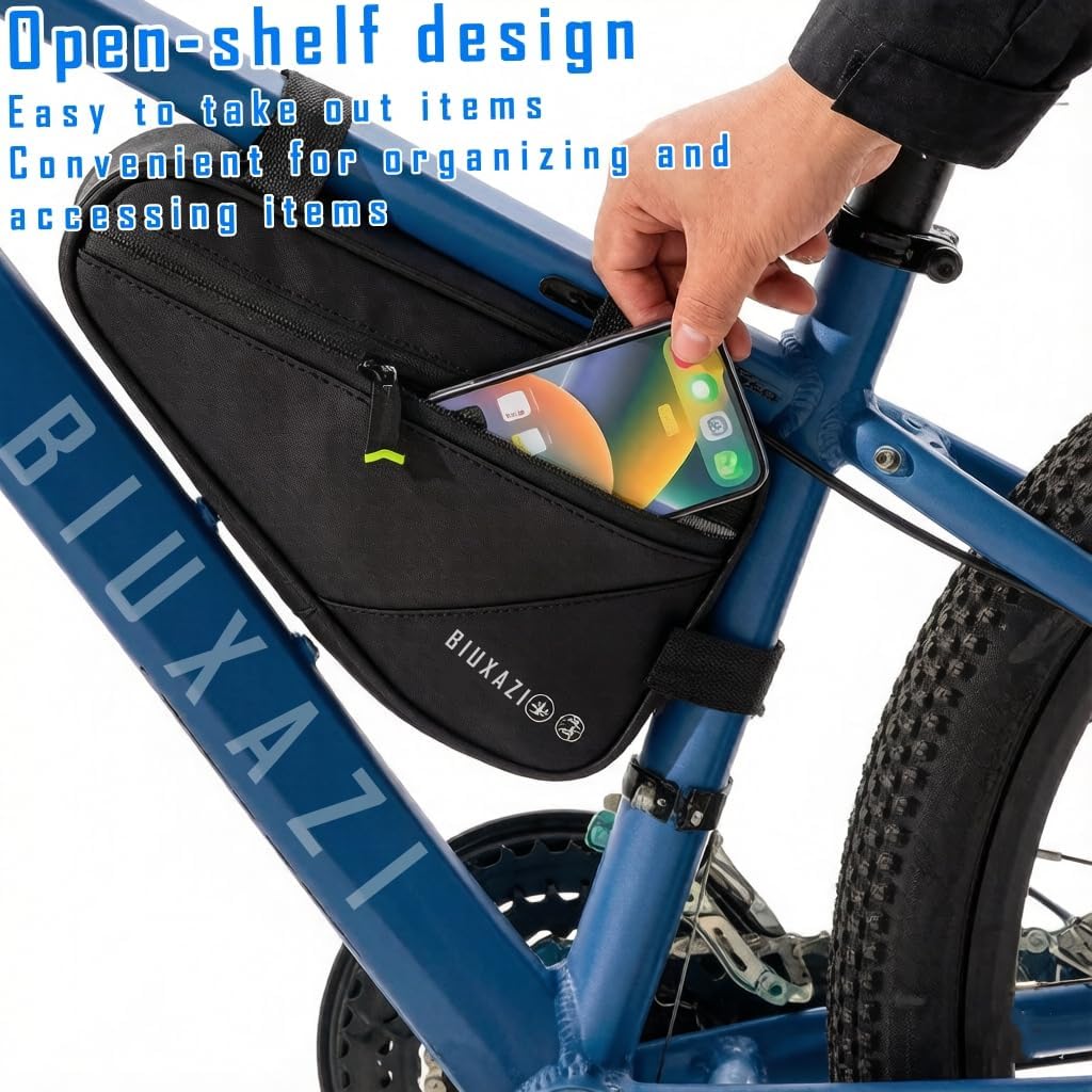 Bicycle frame bag, crossbar triangle bag, top tube bag; features a reflective triangular design and side mesh pockets; waterproof storage and tool bag for mountain and road bikes