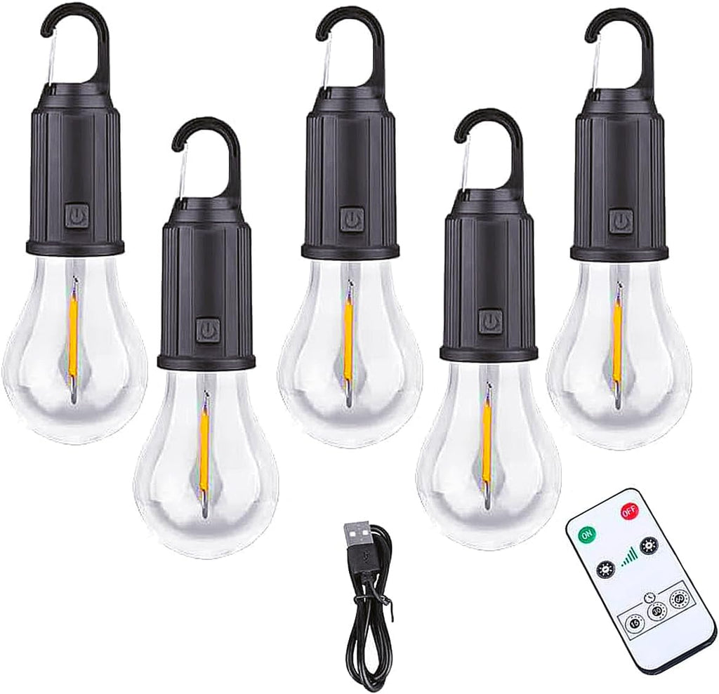 5 Pack Camping Lights with Remote Control Timer Function Tent Lamp Hanging Outdoor Camp Rechargeable Bulb Portable Lantern with Clip Hook 3 Lighting Modes for Hiking Backpacking Warm Light