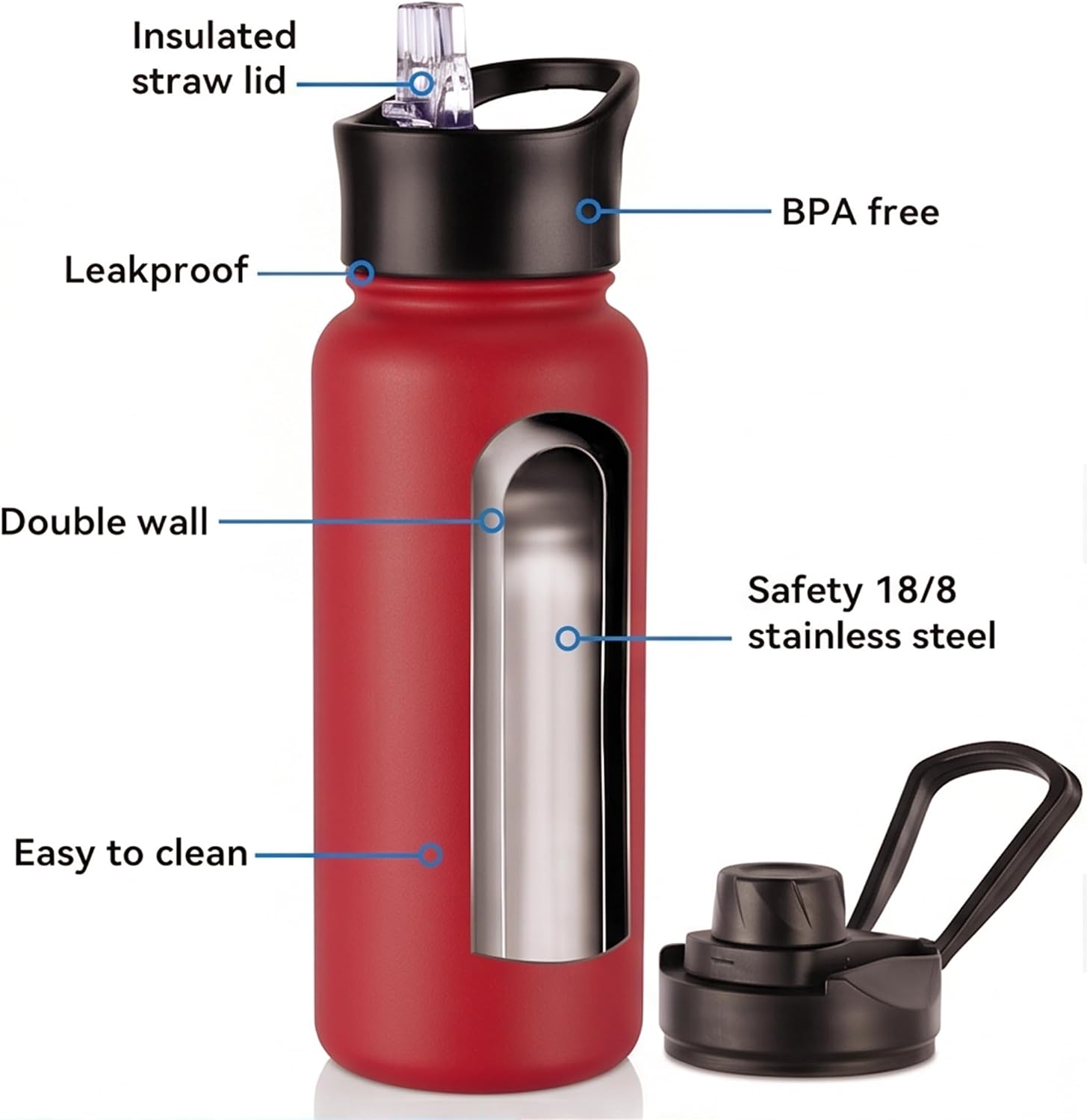 24oz Insulated Water Bottle with Straw Lid, Stainless Steel Metal Water Bottle with Straw & Wide Mouth Lid, Double Wall Vacuum Water Bottle for Hiking Camping, Red 8 Pack