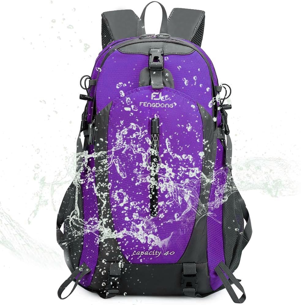 FENGDONG 40L Waterproof Lightweight Outdoor Daypack Hiking,Camping,Travel Backpack for Women Men Purple