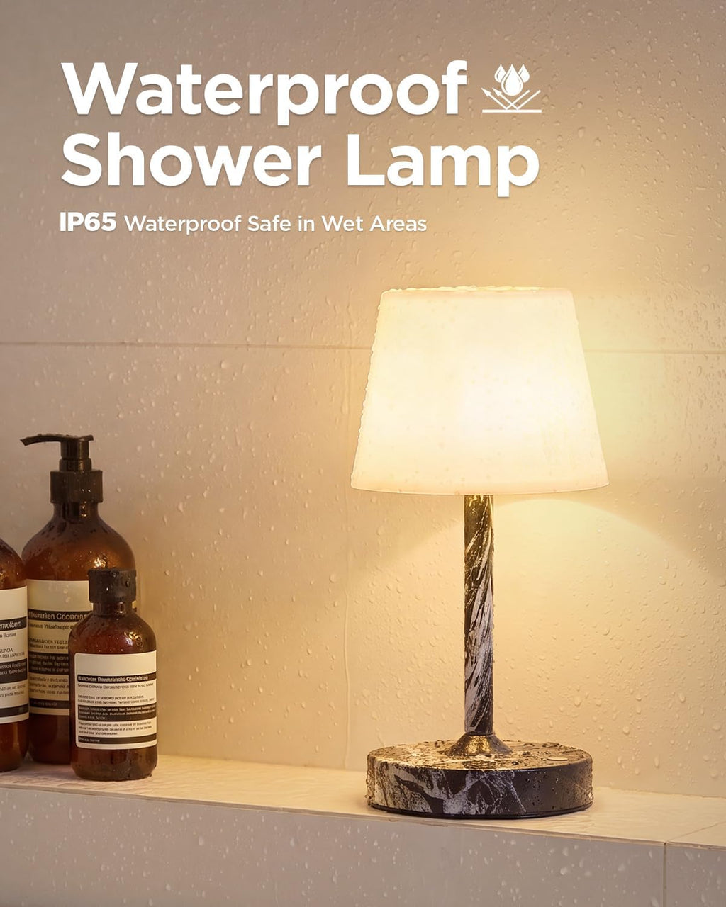 IP65 Waterproof Rechargeable Shower Lamp, Cordless Bathroom Touch Lamps