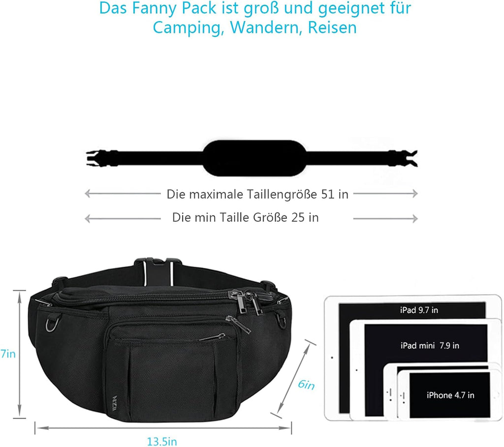 Sports Fanny Pack for Men Women, Outdoor Waist Pack Bag with 6 Zipper Pockets, Super Capacity Bum Bag with Adjustable Belt for Traveling Hiking Cycling Workout Casual