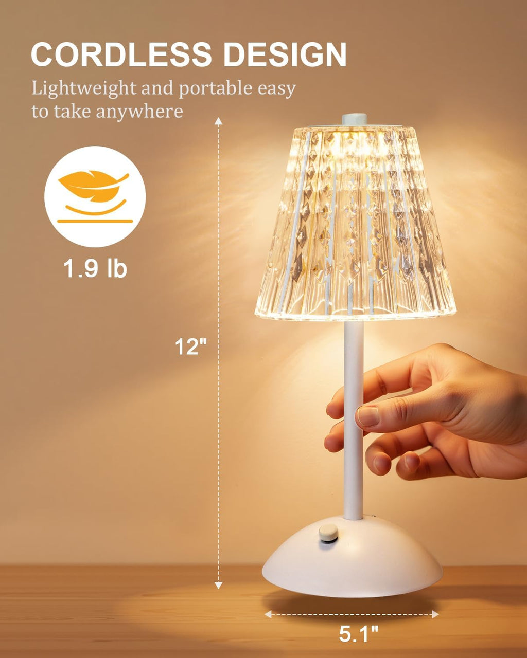 Nusogon Rechargeable Cordless Table Lamp, Touch Control Crystal Desk Lamp
