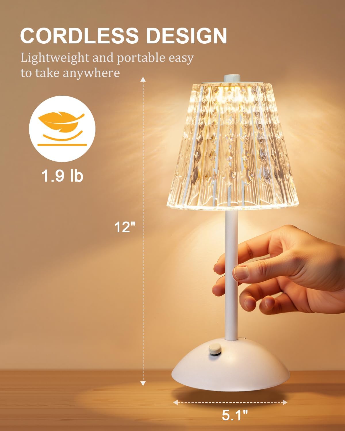 Nusogon Rechargeable Cordless Table Lamp, Touch Control Crystal Desk Lamp