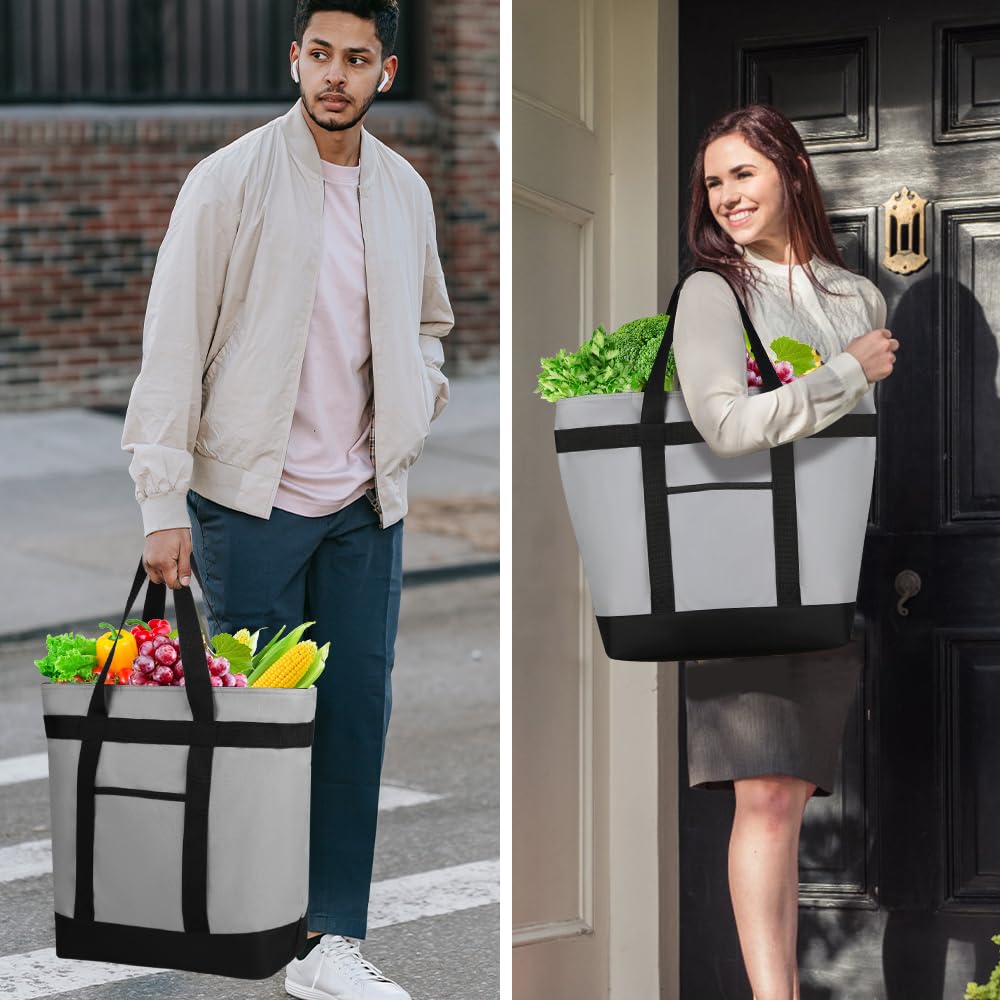 2PK Insulated Grocery Tote Bags, Large Reusable Cooler Bags with Zipper, Leakproof Thermal Shopping Bags for Food Delivery, Beach, Travel, Uber Eats & Picnic, Collapsible Personalized
