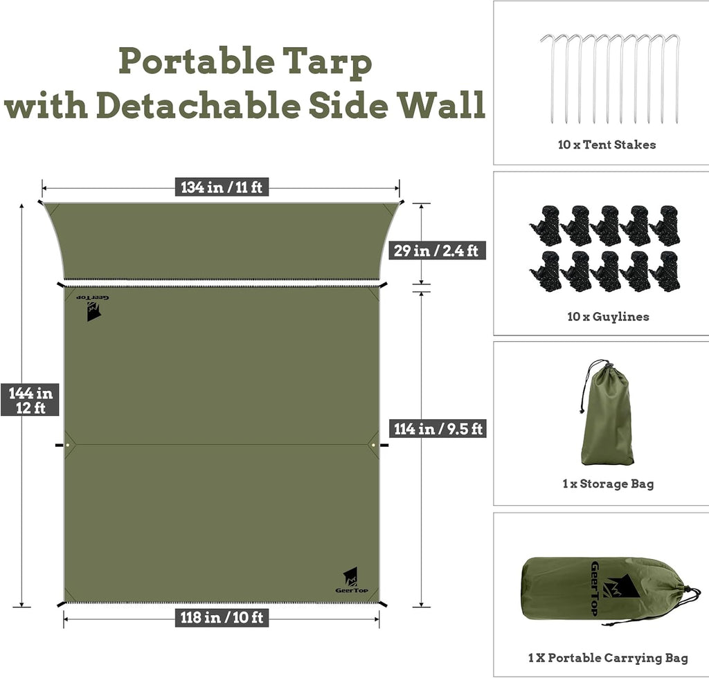 GEERTOP 10 x 12 ft Camping Tarp with Detachable Side Wall