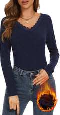 WOWENY Women Thermal Long Sleeve Shirt Fleece Lined Basic Fitted Tops Lace V Neck Undershirts Winter Tight Base Layer