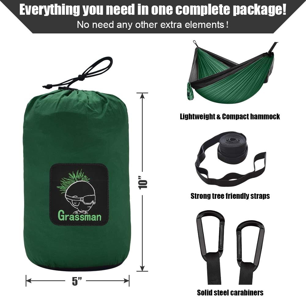 Grassman Camping Hammock Double & Single Portable Hammock with Tree Straps, Lightweight Nylon Parachute Hammocks Camping Accessories Gear for Indoor Outdoor Backpacking, Travel, Hiking, Beach