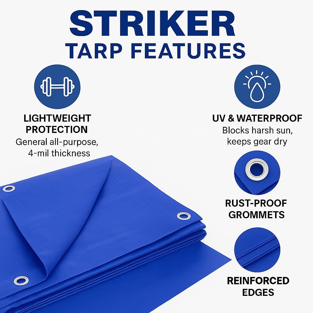 Striker Blue Tarp, Waterproof, UV Resistent, Covers 384 Sq. Ft 20' X 20'