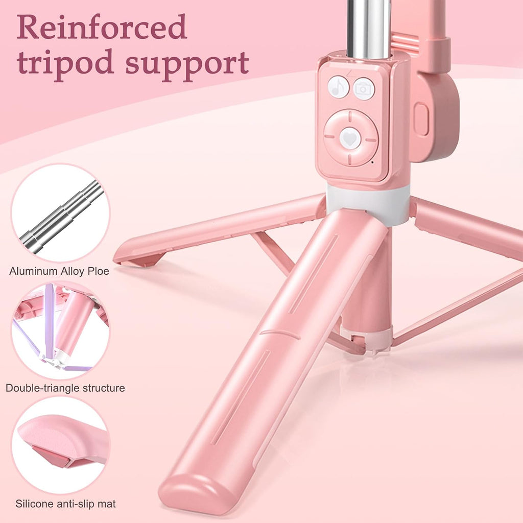 Selfie Stick Tripod with Fill Light, Phone Selfie Stick,Durable Stainless Steel Design,Bluetooth Remote Control,and Stable Three-Legged Support for Live Broadcasts,Video Shooting (Pink)