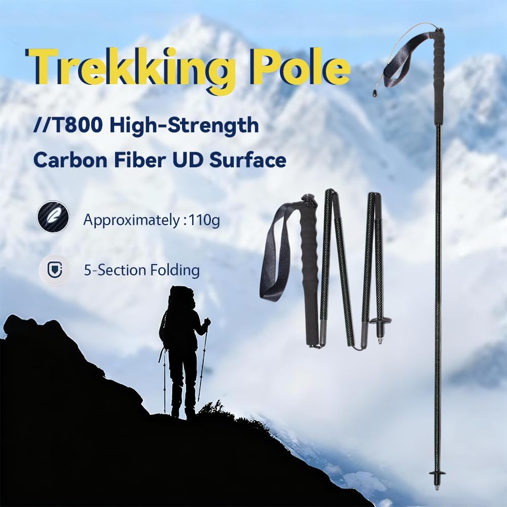 2pc High Strength 5-Section Foldable Carbon Fiber Trekking Poles - 115g/125g/130g, Compact Hiking Staff for Men & Women, Ideal for Hiking, Trekking, Mountaineering & Backpacking