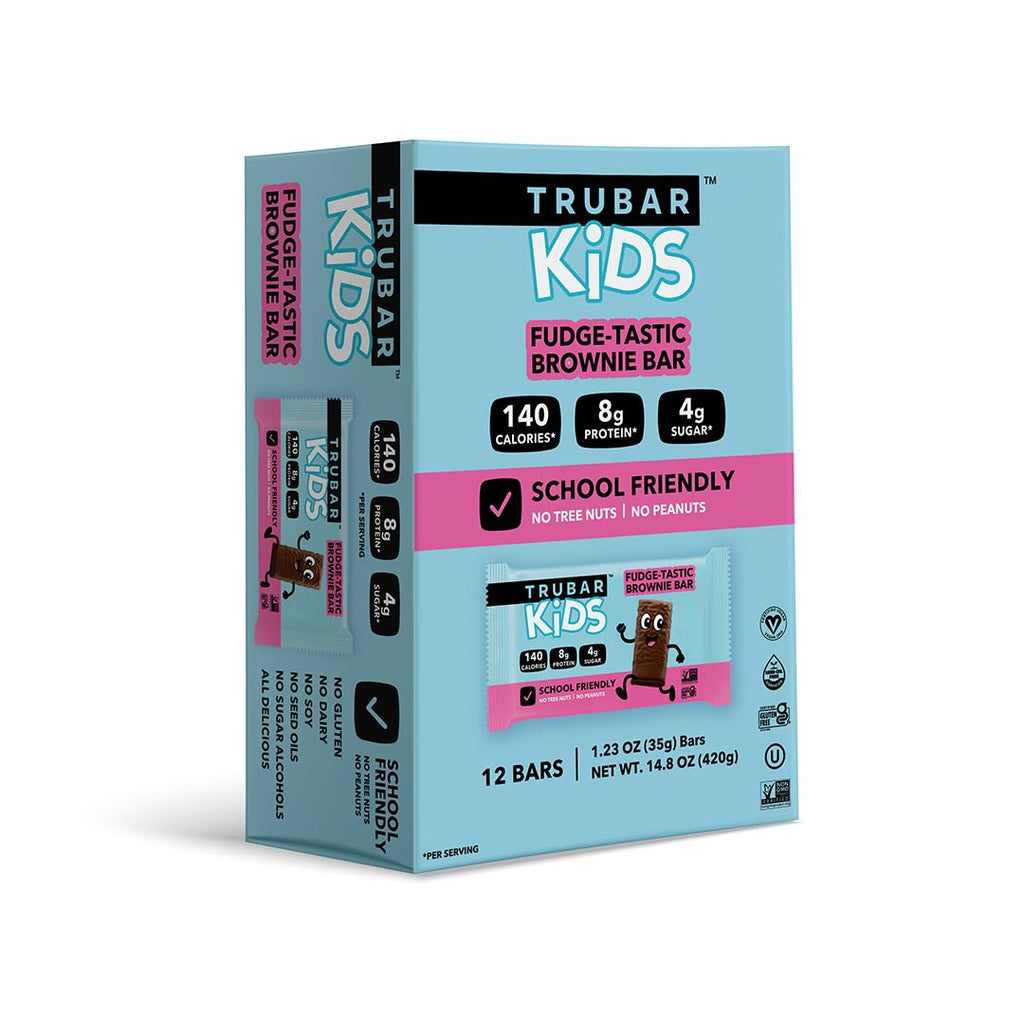 TRUBAR Kids Protein Bars, Fudge-Tastic Brownie, Plant Based Protein, Gluten Free School-Friendly Snacks for Lunchboxes, Tree Nut and Peanut Free, Low Sugar, Healthy On the Go Snack Bars, 12 Count