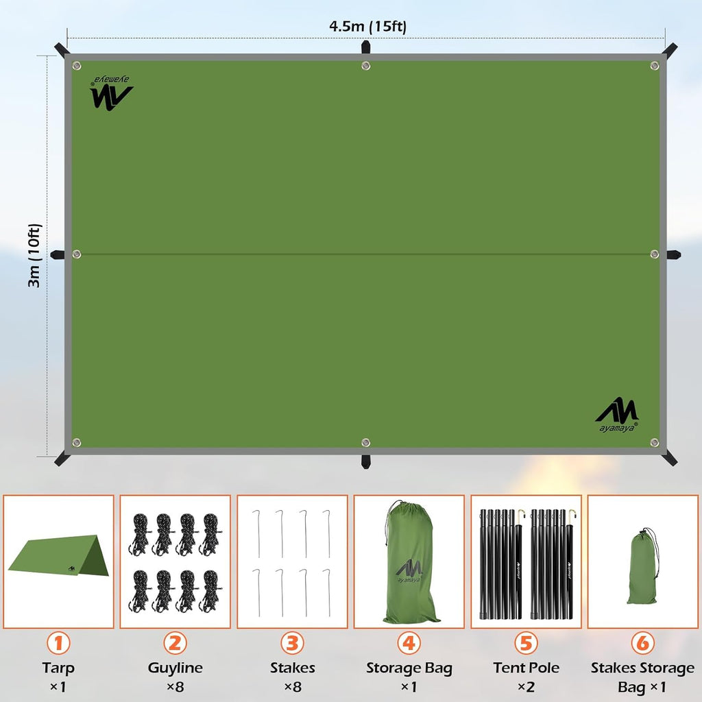 AYAMAYA Waterproof Camping Tarp with Poles Heavy Duty, 10x 15FT Extra Large