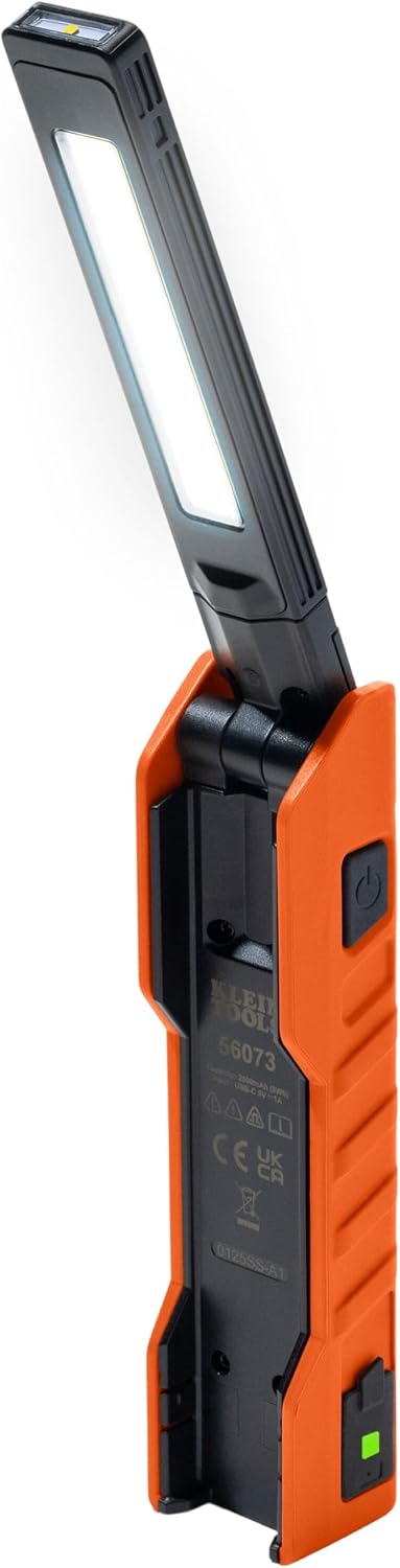Klein Tools 56073 Foldable Handheld Work Light, 500-Lumen LED with 180-Degree Pivot and 270-Degree Rotation, USB-C Rechargeable Flashlight with Built-In Spotlight, Magnetic Base, IP54-Rated