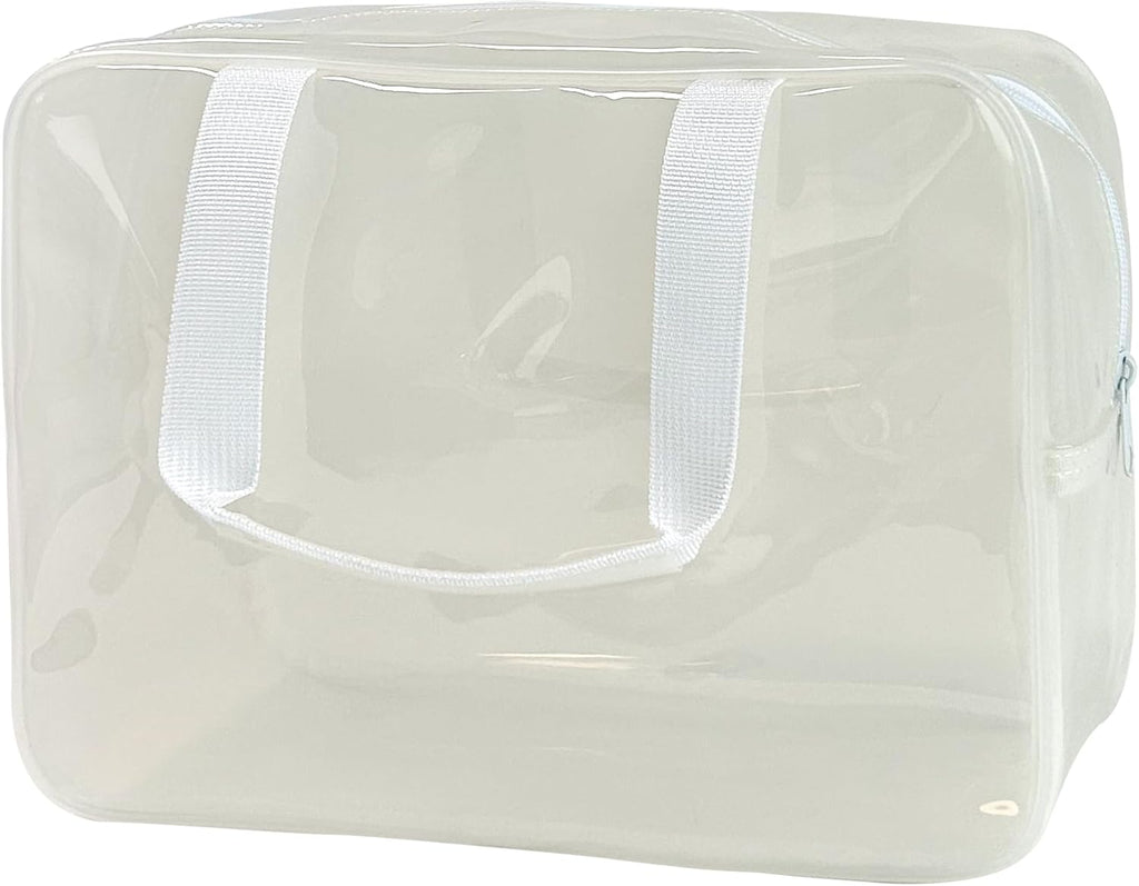 PVC Clear Pure Color Transparent Large Zipper Cosmetic Pouch Travel Makeup Cosmetic Bag with Handle for Travel Bathroom Toiletry Organizer (Clear+Black Handle)