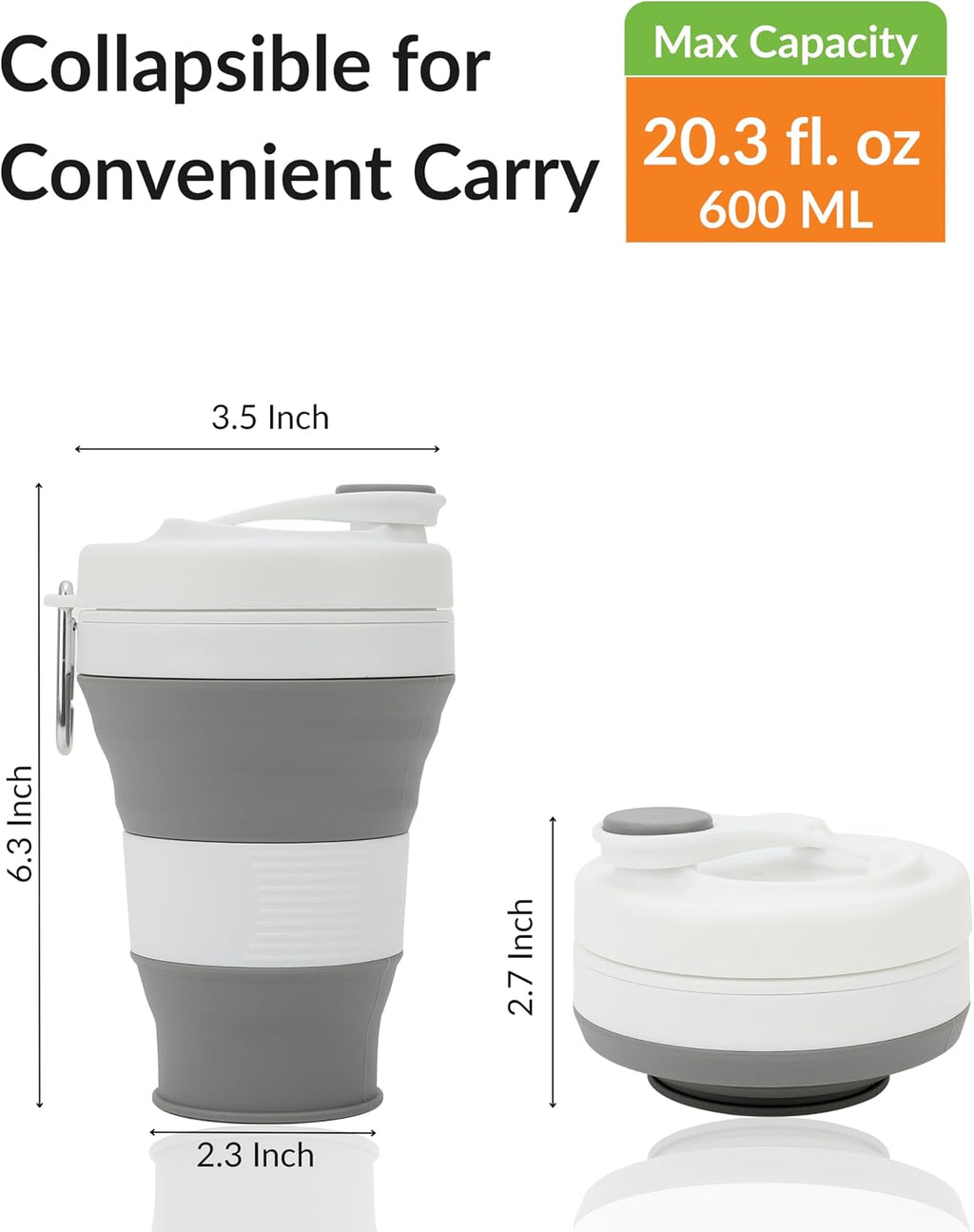 Collapsible Silicone Water Bottle 20oz, Leakproof BPA-Free Foldable Travel Cup with Carabiner Clip and Reusable Straw, Portable Reusable Bottle for Hiking, Camping, Gym, Outdoor