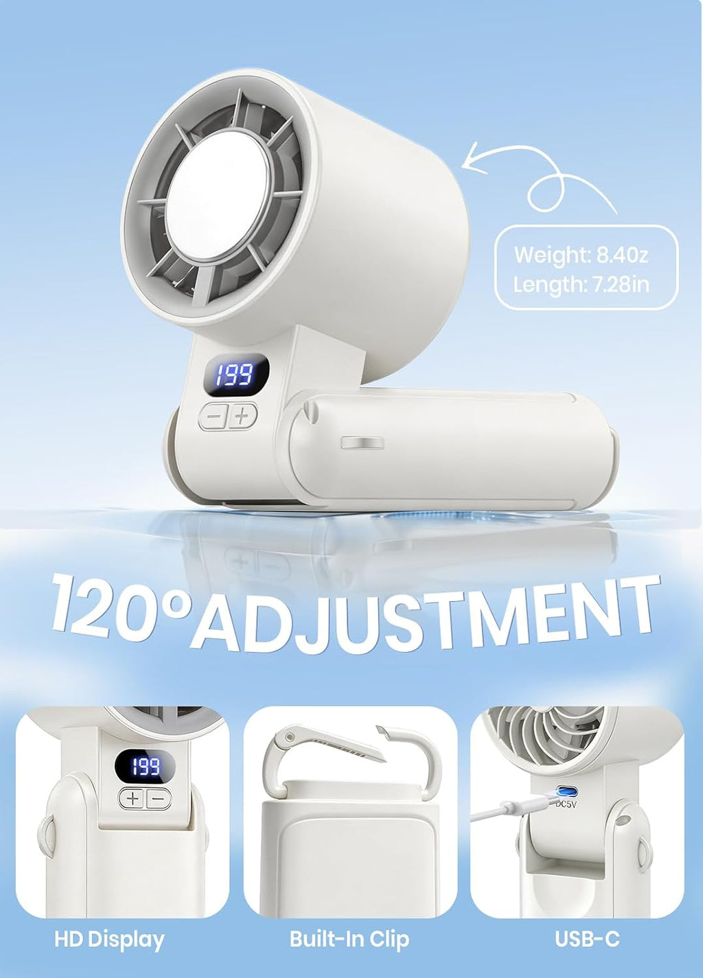 Portable Handheld Turbo Fan, 1-199 Speed Adjustable, White