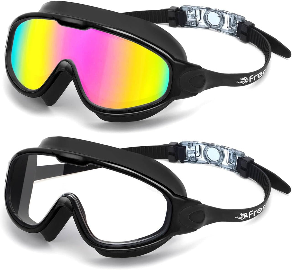 Freela 2 Pack Swim Goggles for Adult Men Women,180°Wide Vision Anti-fog UV Protection No Leak Clear Swimming Goggles