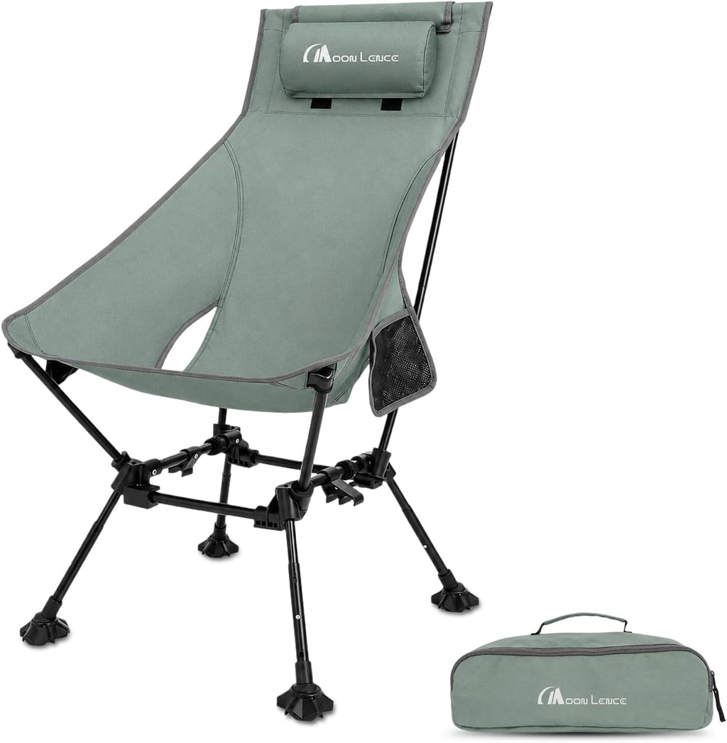 MOON LENCE High Back Folding Camping Chairs, Height-Adjustable, Widened Seat, for Beach with Anti-Sinking Feet (Grey)