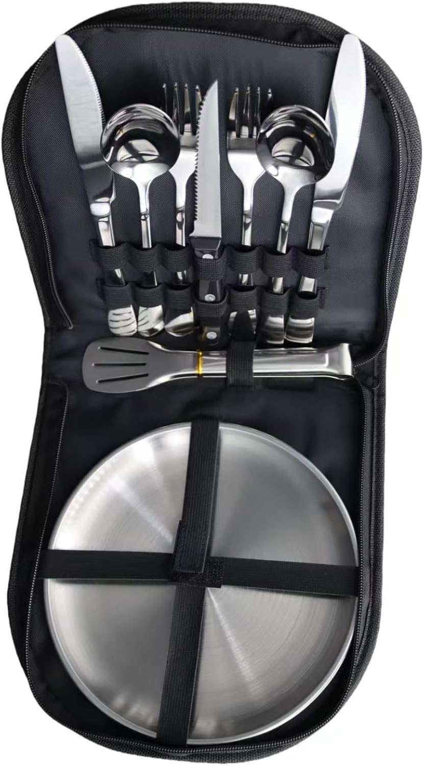 Outdoor Camping and Picnic Tableware Set, Stainless Steel Knives, Forks, Spoons, Plates, Food Tongs, Portable Tableware Set with Storage Bag