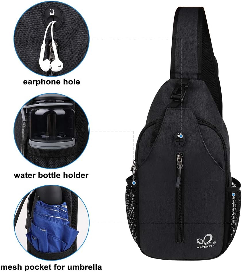 WATERFLY Crossbody Sling Backpack Sling Bag Travel Hiking Chest Bag Daypack (Black)