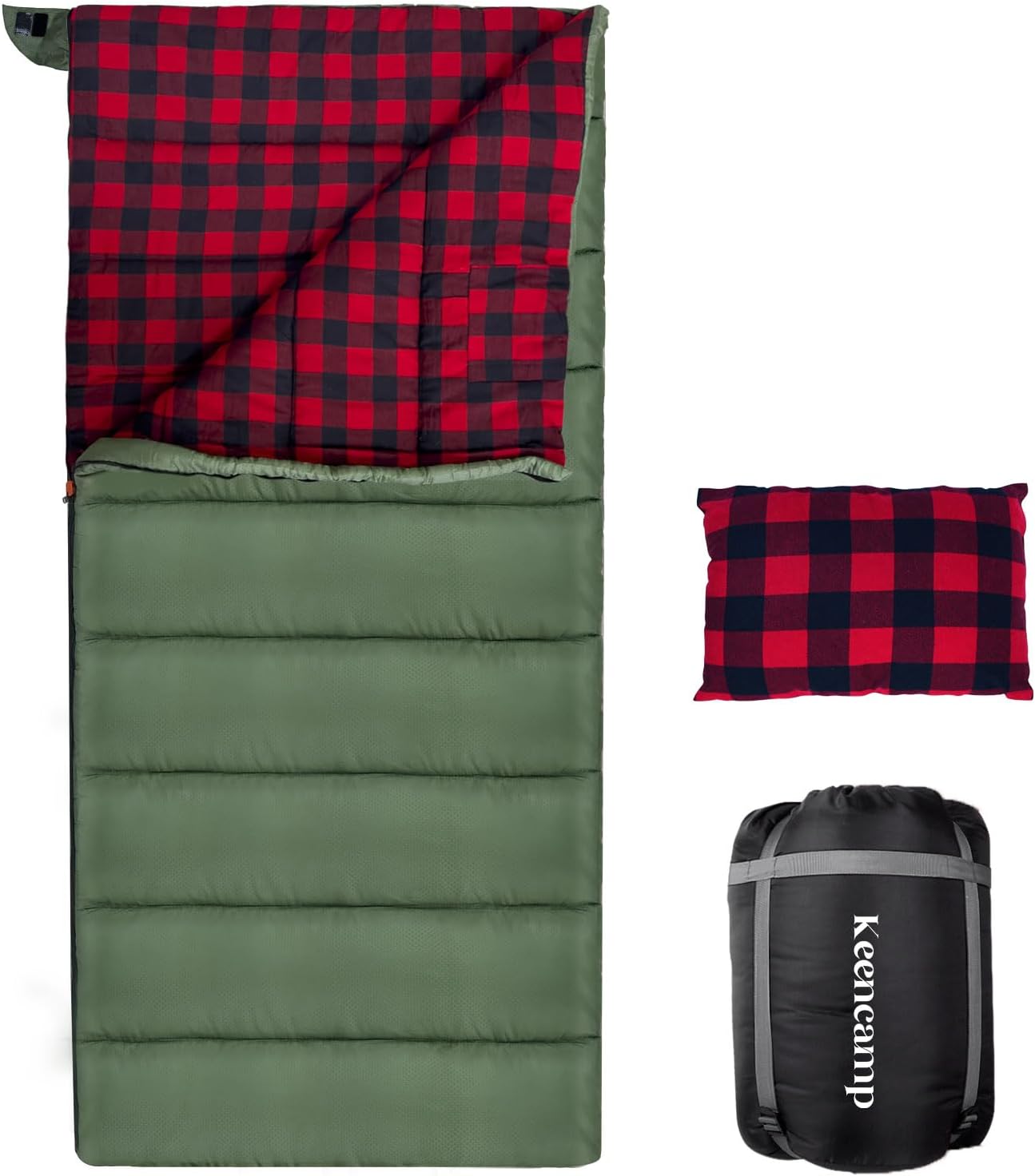 Keencamp 0 Degree Sleeping Bag Cotton Flannel Winter Cold Weather for Adults XXL Sleeping Bag 4 Season Big and Tall with Pillow Compression Sack