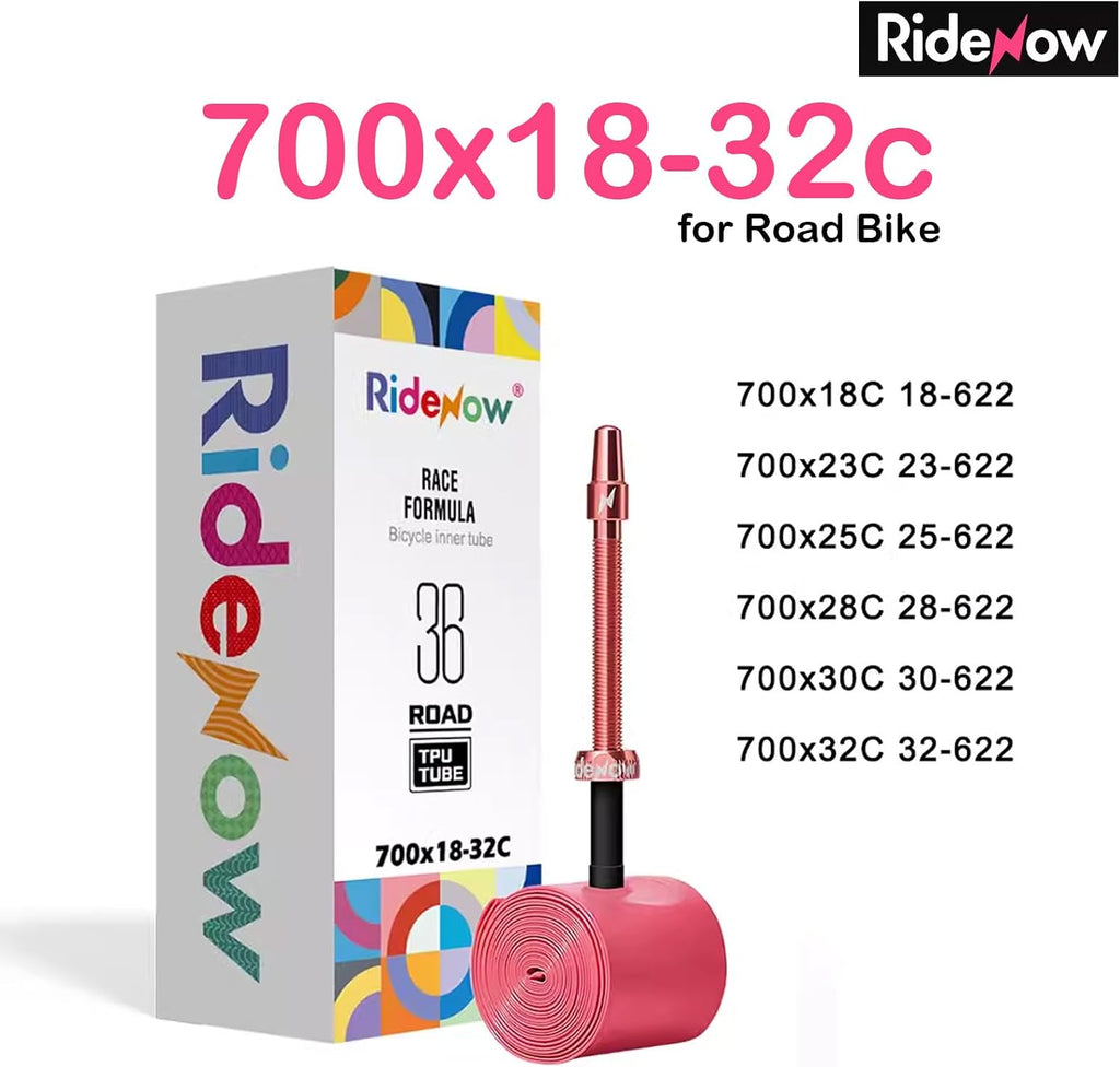 2 Pack RideNow TPU Inner Tubes 700C x 18-32C / 32-47C with 45mm/65mm/85mm Metal Presta Valve, Removable Valve Cores for All Road or Gravel Bike (Include Bike Tube Patch Repair Kit)