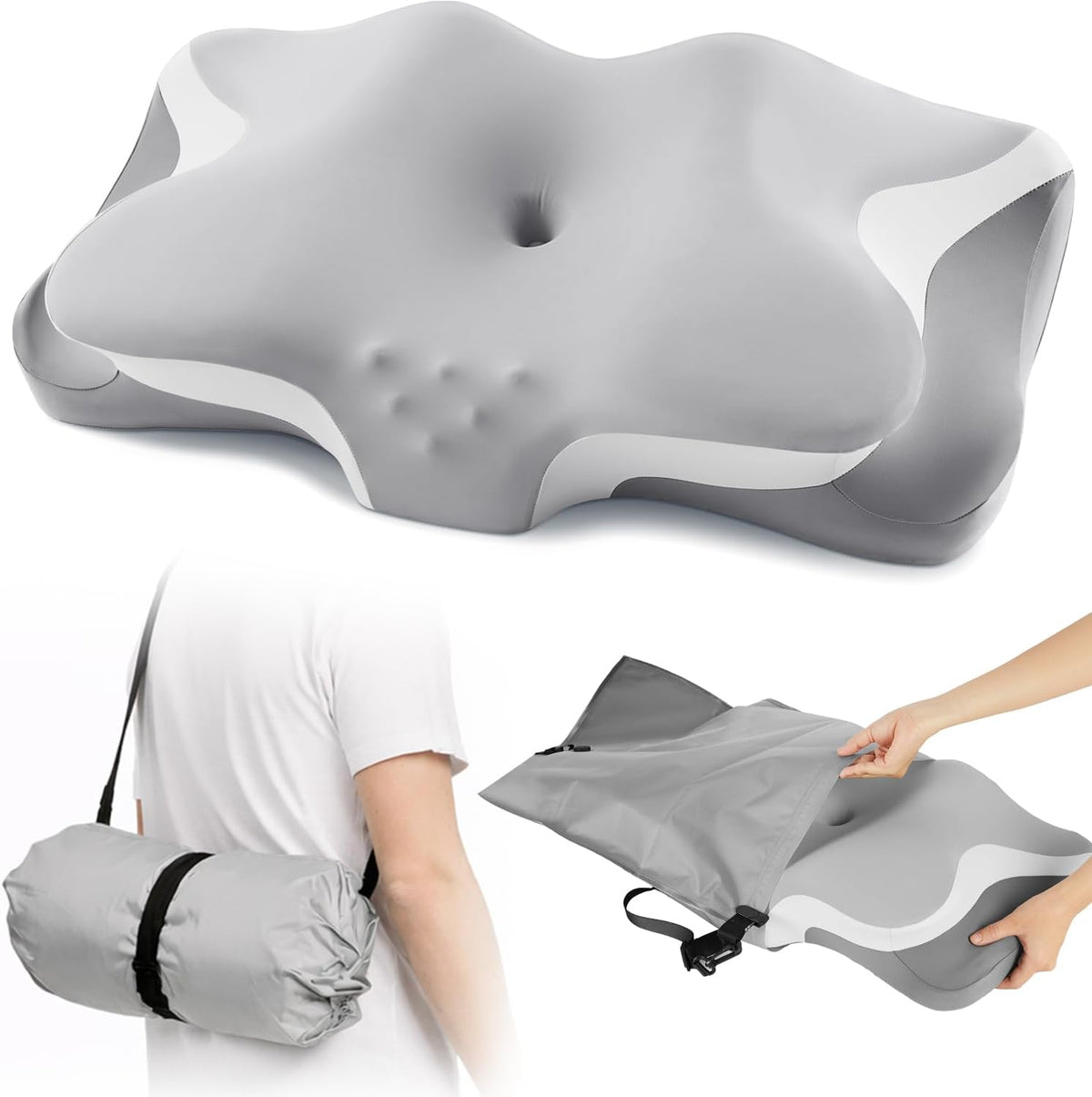 Camping Pillow with Hand-Rolled Vacuum Bag, Cooling Cervical Pillow for Sleeping, Ergonomic Memory Foam Pillows for Indoor & Outdoor,Portable Neck Support Pillow for Side Back Stomach Sleepers