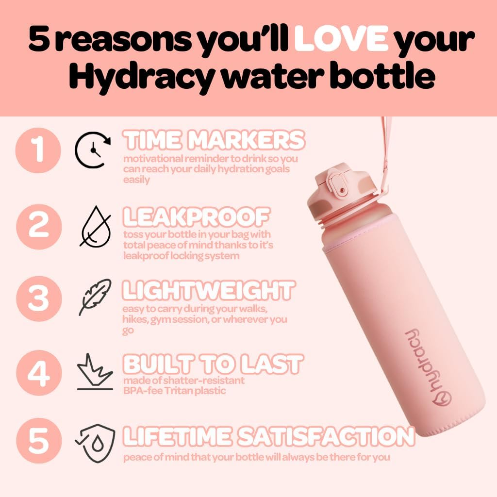 Hydracy Motivational Water Bottle with Time Marker and Straw Lid 32 oz