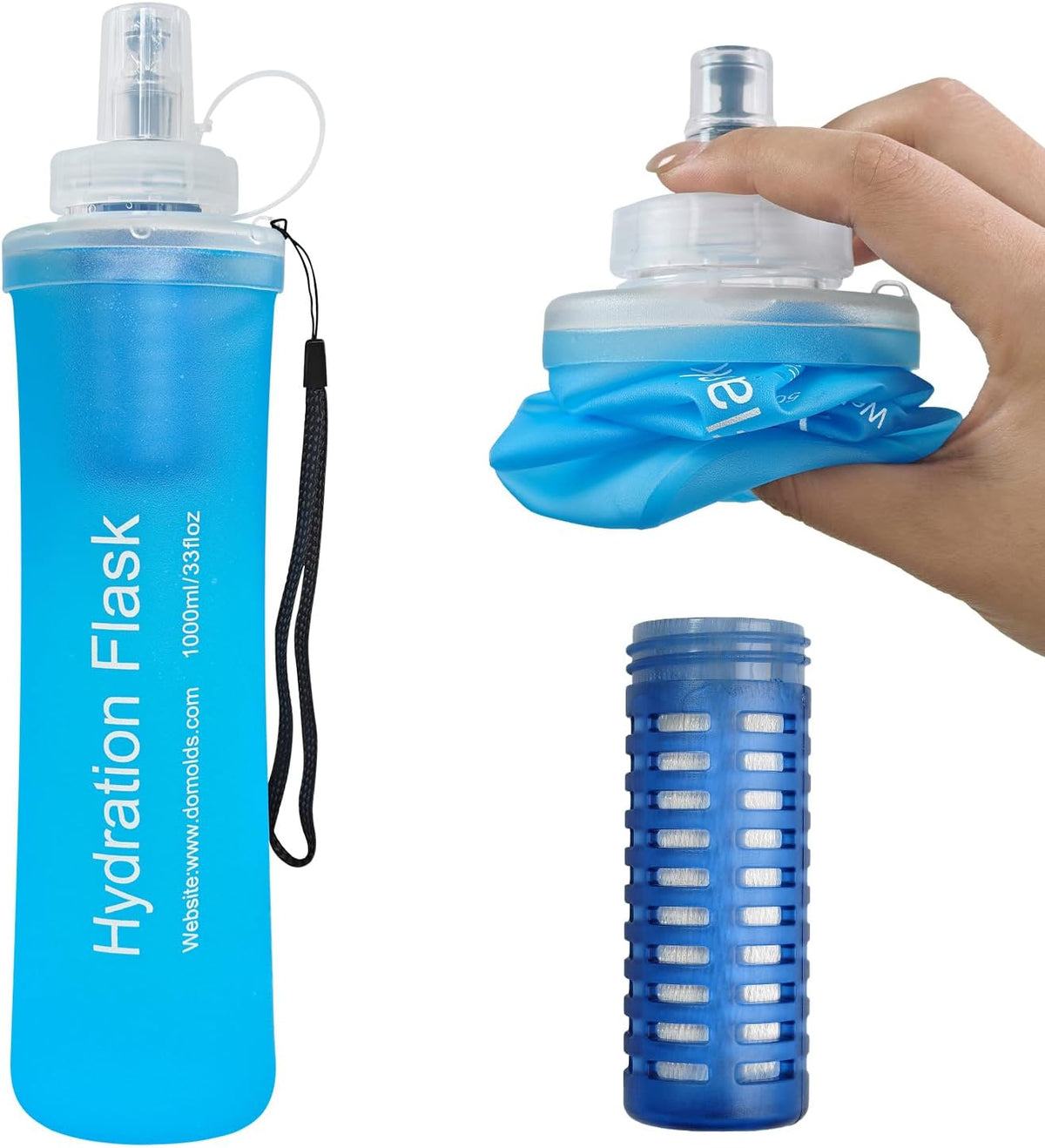 1L Collapsible Water Bottle with Filter for Hiking Backpacking(Blue)