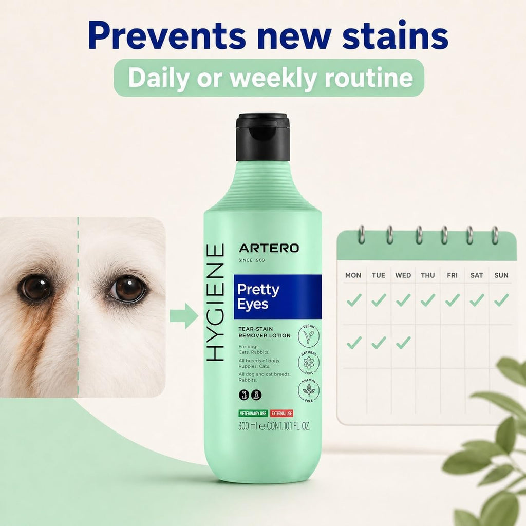 ARTERO Pretty Eyes. Eye Cleaner. Effectively removes Tear Stains from the Tear ducts of Dogs and Cats, ensuring a Clean and Healthy Appearance. 300 ml Bottle for Regular use.