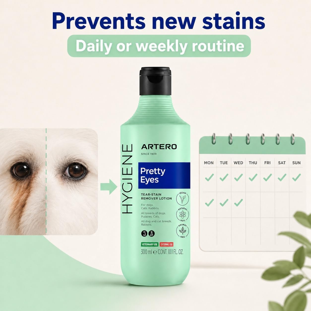 ARTERO Pretty Eyes. Eye Cleaner. Effectively removes Tear Stains from the Tear ducts of Dogs and Cats, ensuring a Clean and Healthy Appearance. 300 ml Bottle for Regular use.