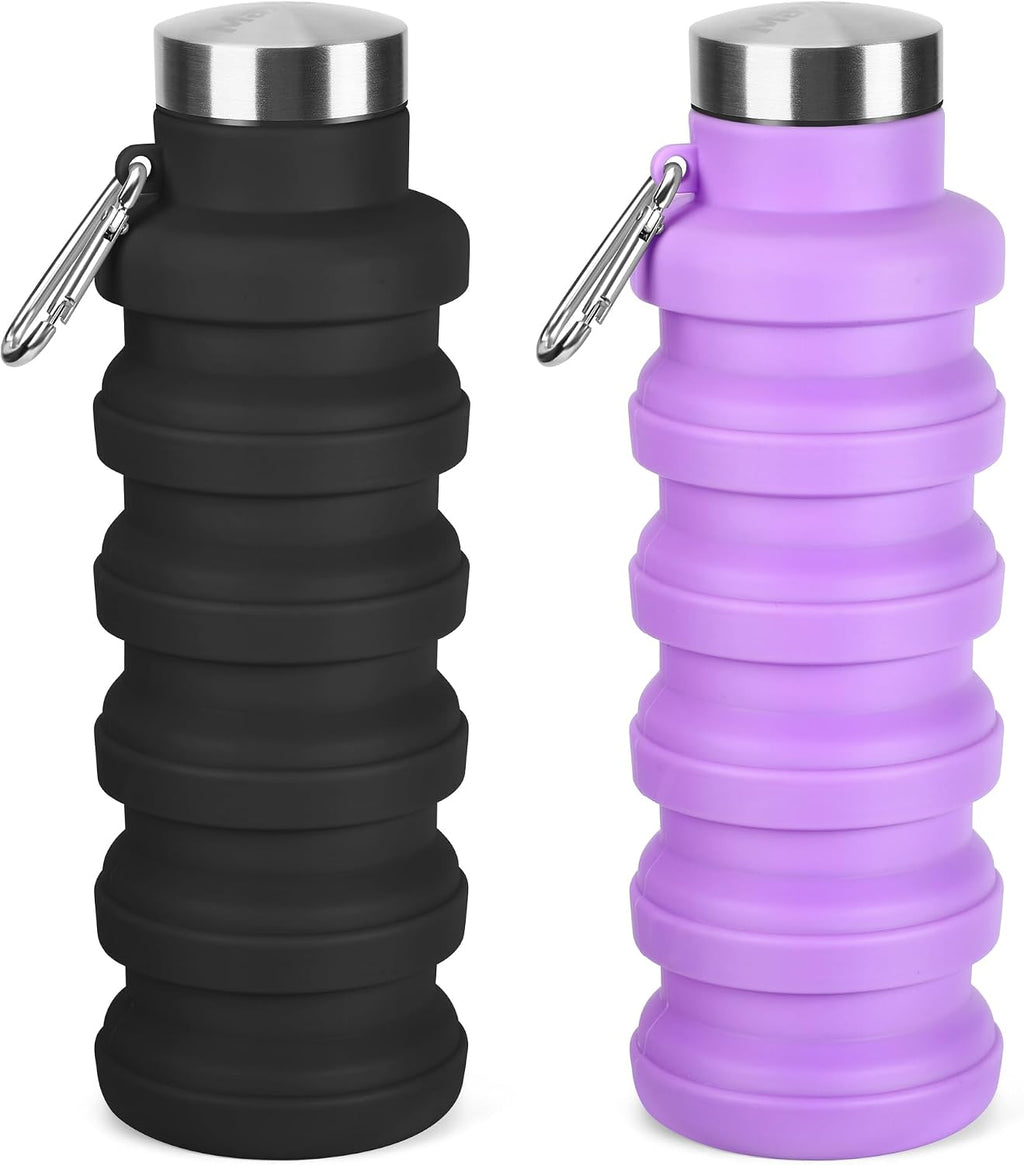 Collapsible Water Bottle, 16oz Portable Reusable Silicone Water Bottle with Carabiner for Gym, Travel, Camping, Hiking, Sports, Lightweight, BPA-Free, Leak-Proof, Foldable Design(Black+ Purple)
