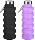 Collapsible Water Bottle, 16oz Portable Reusable Silicone Water Bottle with Carabiner for Gym, Travel, Camping, Hiking, Sports, Lightweight, BPA-Free, Leak-Proof, Foldable Design(Black+ Purple)