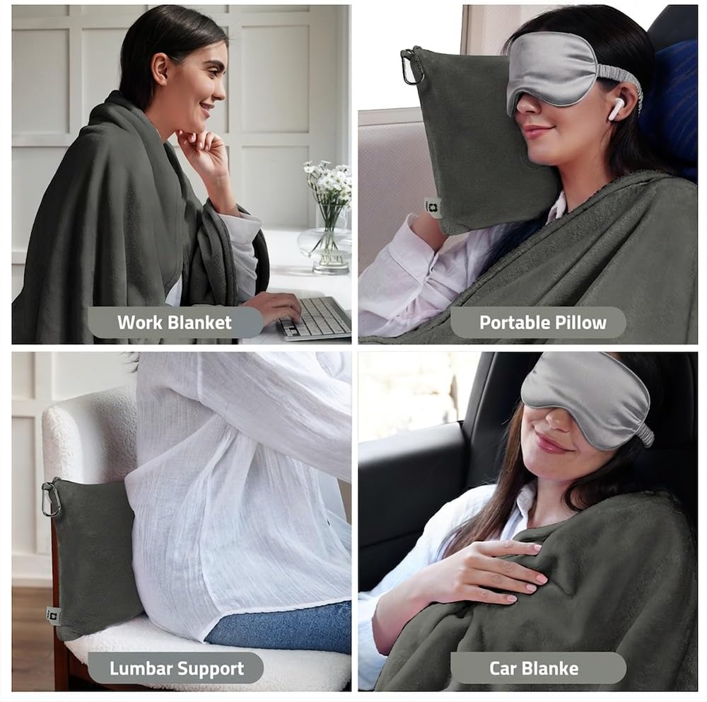 Travel Blanket, Airplane Blanket, Ultra-Soft, Warm & Lightweight, 65x40 in, Outdoor Blanket Essentials for Women, Men & Kids, Included Eye Mask, Luggage Sleeve & Backpack Clip Dark Grey