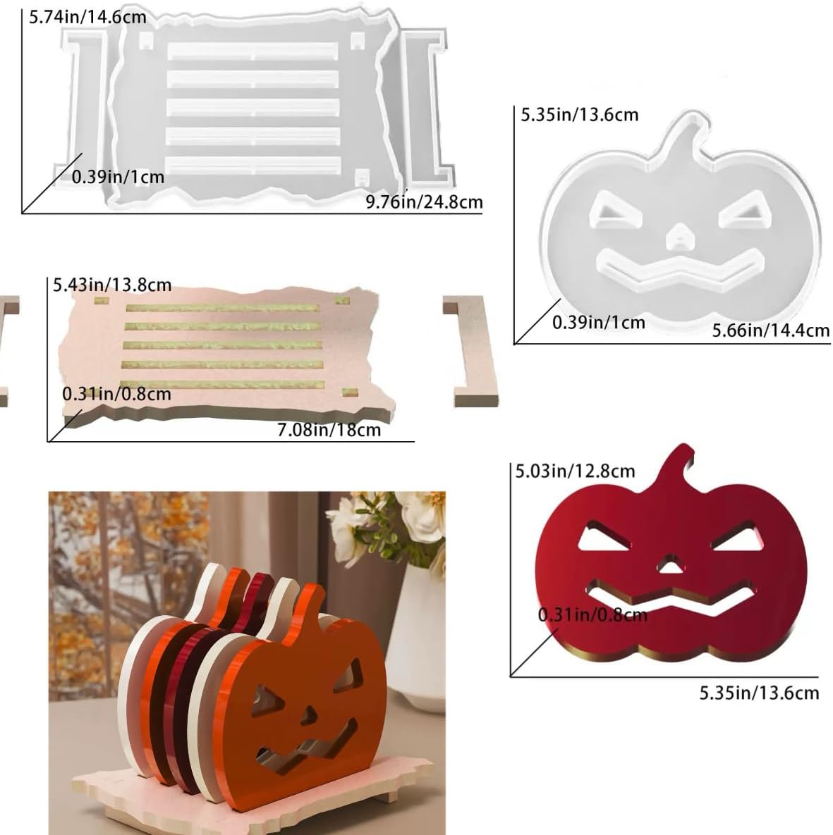 6 Pcs Pumpkin Epoxy Coaster Resin Molds Silicone with Holder, Halloween Pumpkin Coaster Molds Holder Set for Epoxy Resin, DIY Art Craft Cup Mats