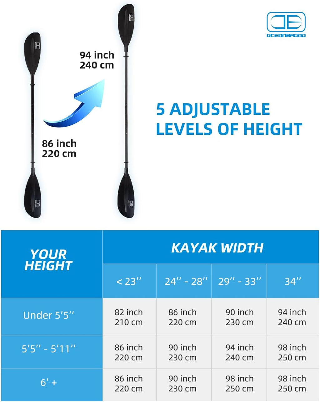 OCEANBROAD Adjustable Kayak Paddle 86in/220cm to 94in/240cm Kayaking Boating Canoeing Oar with Paddle Leash 1 Paddle