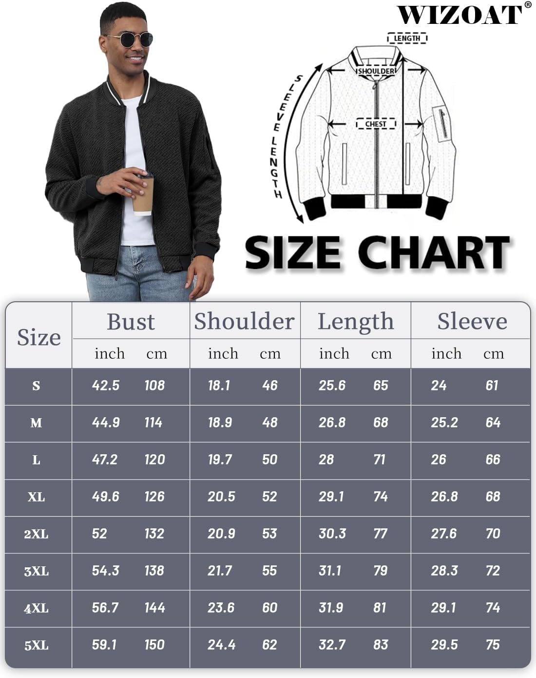 Wizoat Mens Casual Jacket Loose Fit Lightweight Jacket Varsity Bomber Jacket with Zipper