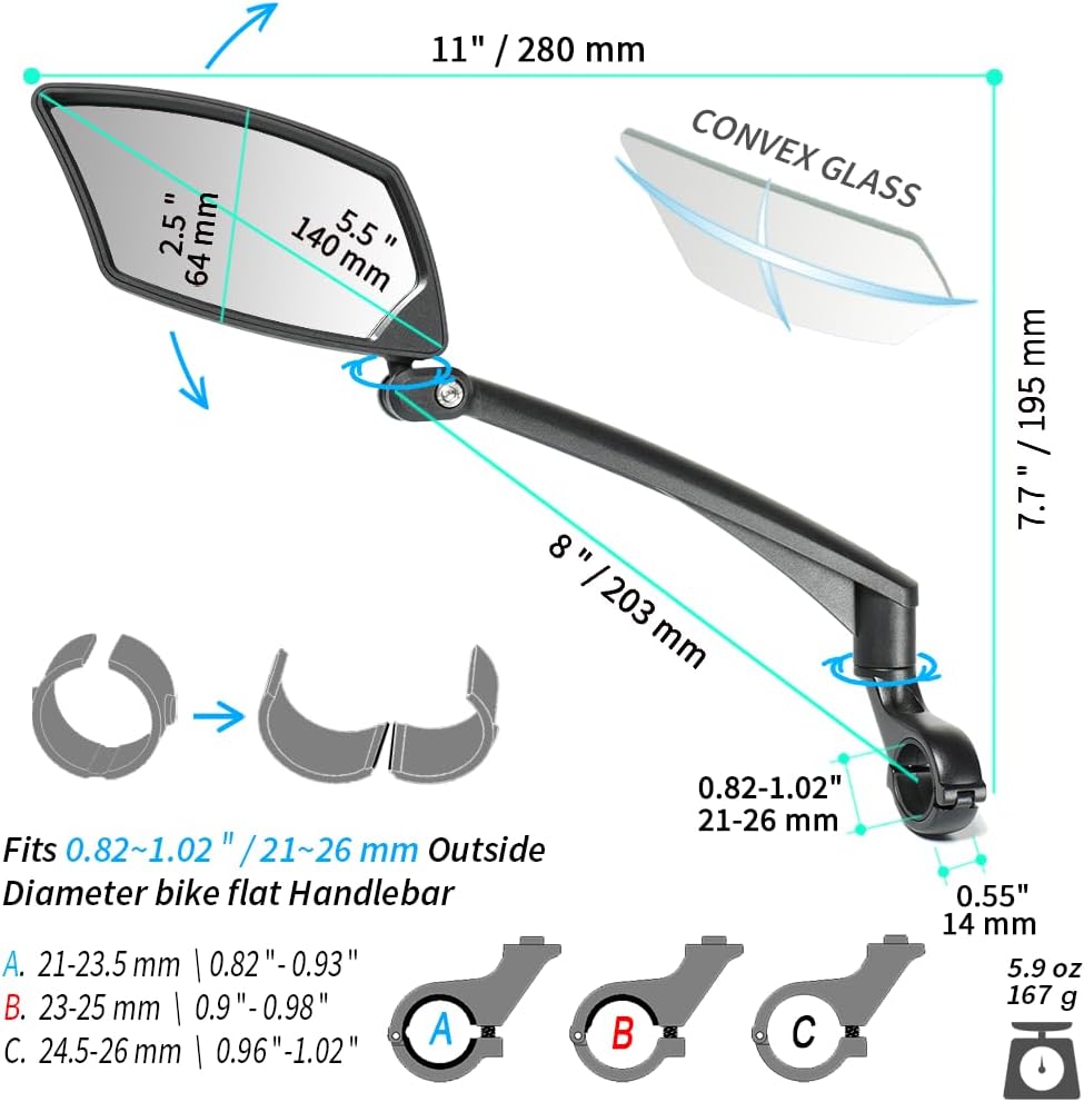 BriskMore Handlebar Bike Mirror - Crystal Clear HD Glass, 360° Adjustable&Foldable Mirror for Safe Riding, Wide Angle Rearview for E-Bikes, Mountain Bikes & Scooters,Bicycle Mirror