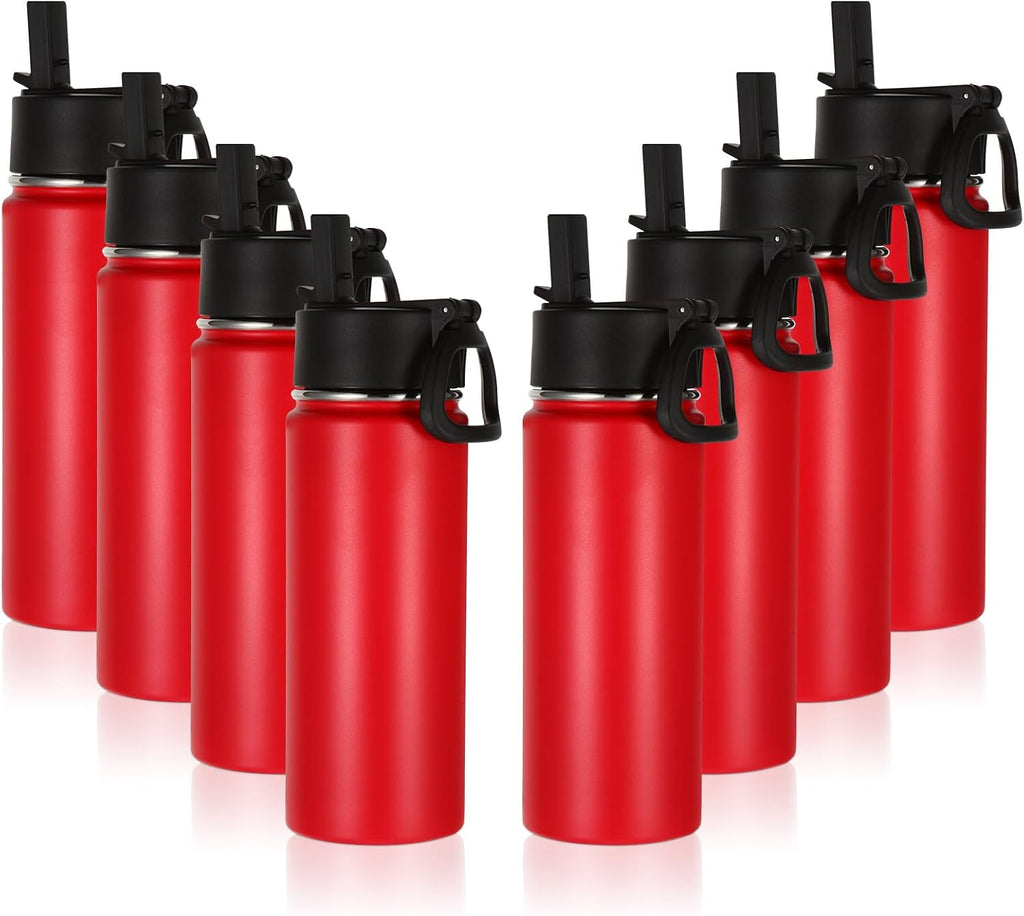Volhoply 16 OZ Kids Water Bottle Bulk 8 Pack,Insulated Sports Bottles with Straw Lid,Stainless Steel Bottle with Handle Keep Cold & Hot,Double Wall Vacuum Tumbler Cups for School,Girls(Red, 8)