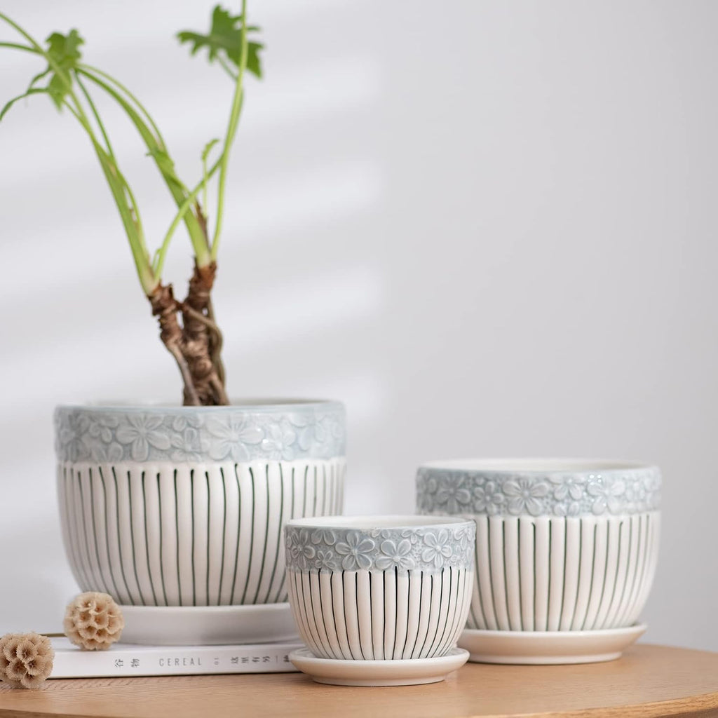 Gray Flower Pots, Texture Ceramic Plant Pots for Indoor Plants Set of 3