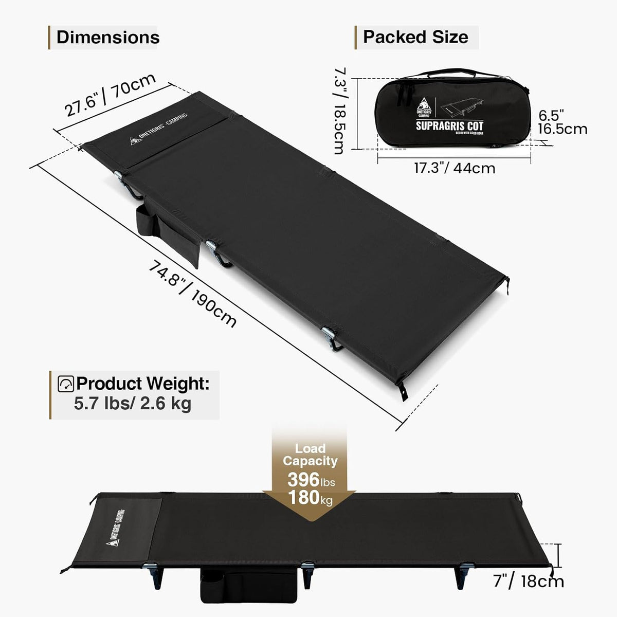 ONETIGRIS SUPRAGRIS Camping Cot, Support Up to 400lbs, Lightweight Comfortable Folding Bed for Camping, Hiking, Backpacking, Travel, Car Trips, Office Nap (Black)