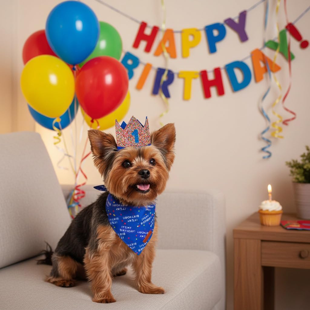 ADOGGYGO Boy Dog Birthday Hat, It's My Birthday Bandana Set, Blue, Small