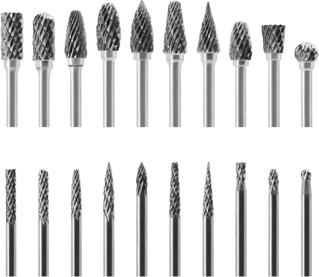 Tungsten Carbide Burr Set 1/8 (3 mm) Shank, Die Grinder Bits, 20 PC Cutting Burr Bits for Dremel, Double Cut Rotary Burr Set for Metall Carving, Engraving, Drilling, Polishing