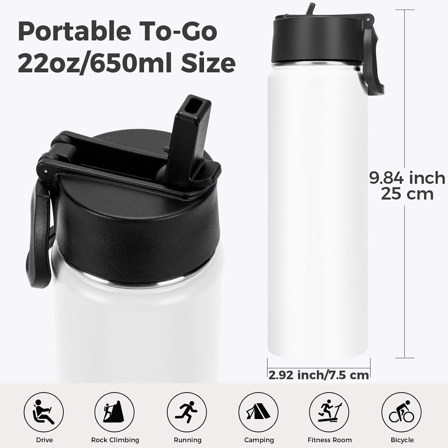 Neihepal 22 oz Insulated Water Bottles Bulk, Double Walled Vacuum Stainless Steel Water Bottle Multipack with Leak Proof Straw Lid for Men, Adults, Kids, Gym, Sports (White,4 Pack)