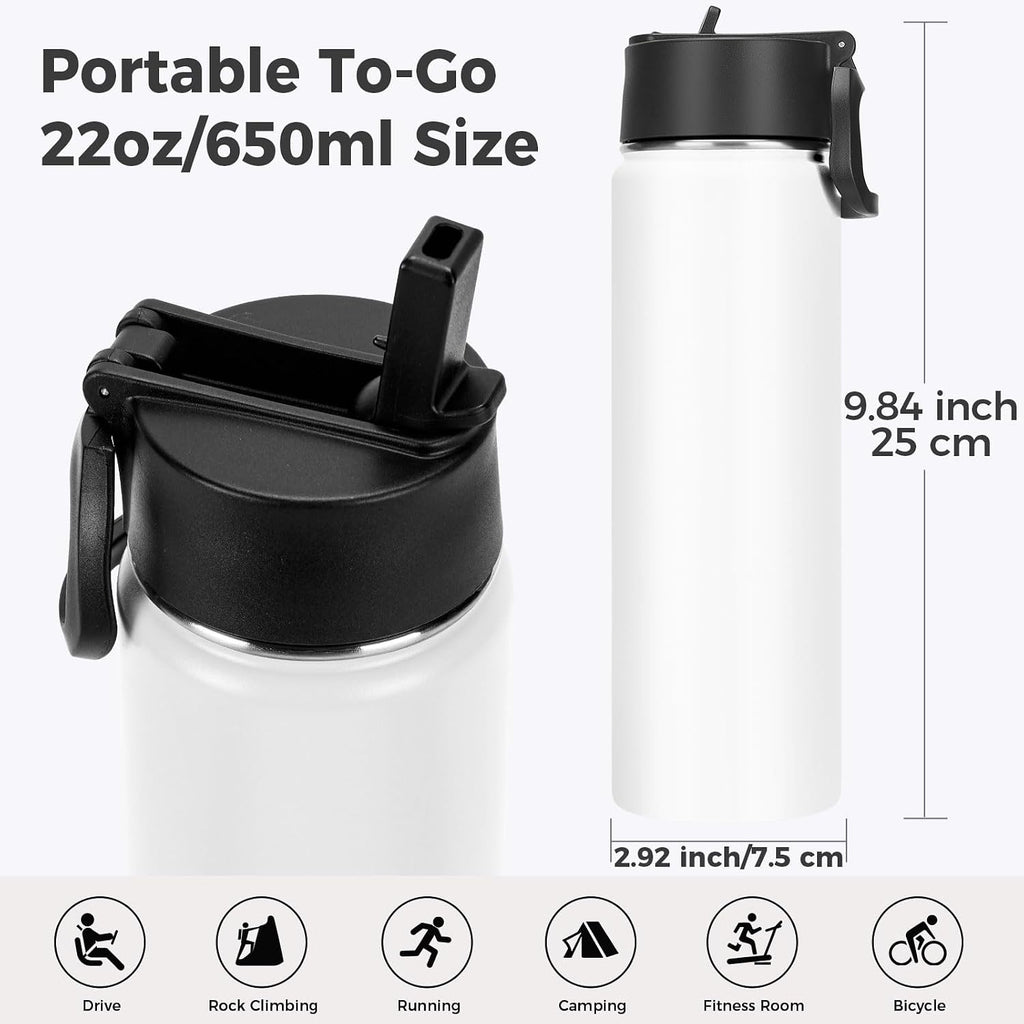 Neihepal 22 oz Insulated Water Bottles with Leak Proof Straw Lid, Wide Mouth Double Walled Vacuum Stainless Steel Metal Water Bottle (White,2 Pack)