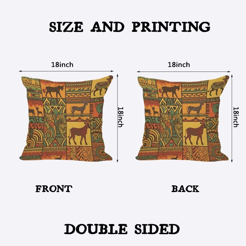 African Pattern Throw Pillow Covers Tribal Elements with Animal Silhouettes Throw Pillow Covers 18"x 18" Set of 2 for Living Room Couch Bed Sofa Home Decor Soft Cushion Case