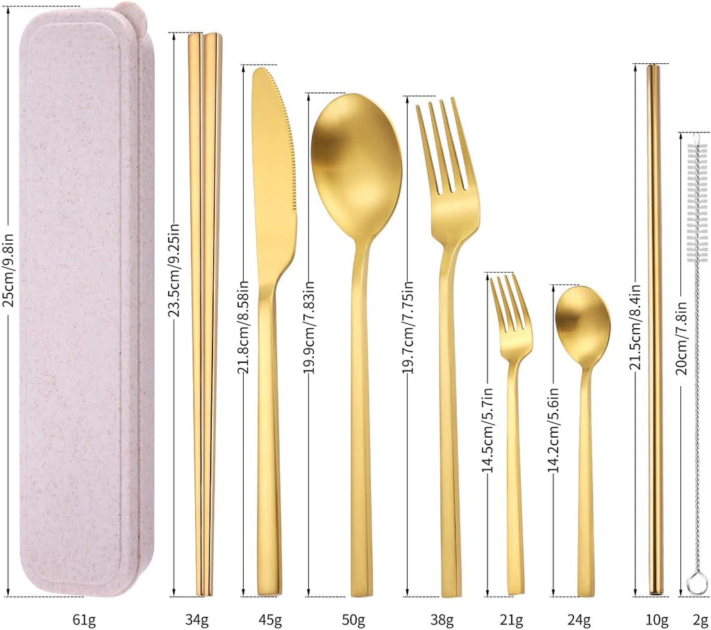 AARainbow 8 Pieces Stainless Steel Flatware Set Portable Reusable Cutlery Set Travel Utensils Set Including Chopsticks Knife Fork Spoon Straws Cleaning Brush Dishwasher Safe (B-Golden)